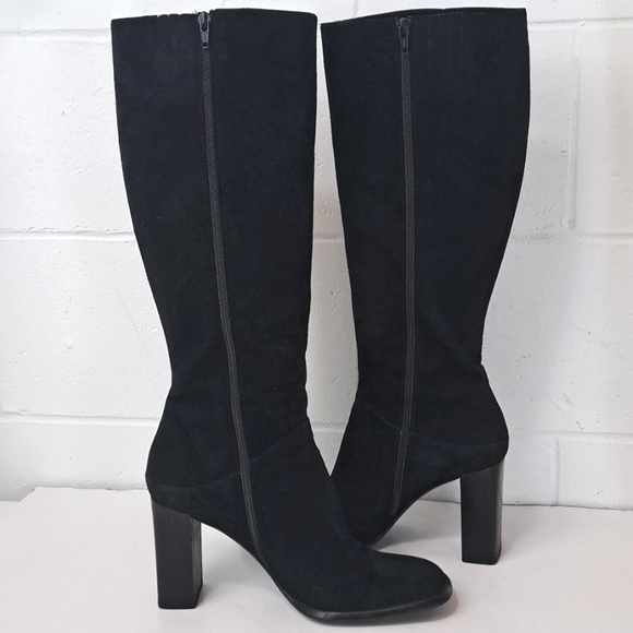 RARE VIA SPIGA Black Genuine Suede Leather Block Heel Square Toe Tall Boots - Picture 6 of 13